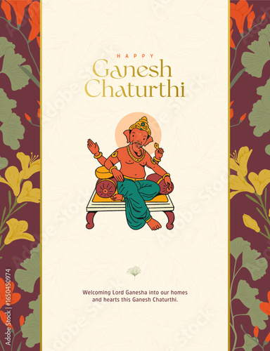 Ganesh Chaturthi Invitation card design template with lord Ganesha vector illustration and floral background