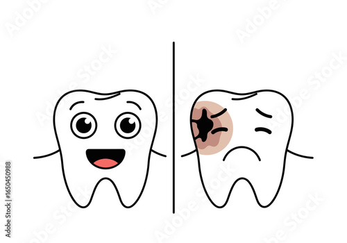 Happy healthy tooth versus sad decayed tooth dental health comparison illustration