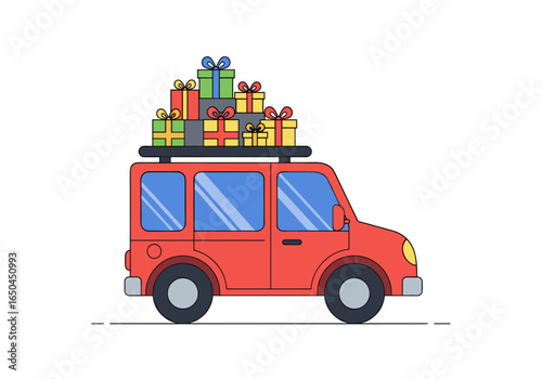 Red car with a roof rack loaded high with christmas presents and gifts