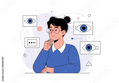 Focused person thinking about data analytics and visual observation concepts