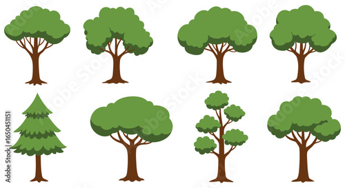 Collection of various cartoon trees with different shapes and sizes