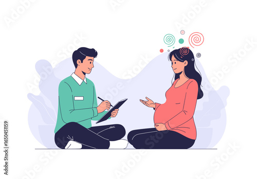 Pregnant woman discusses mental health with a therapist or counselor during a session