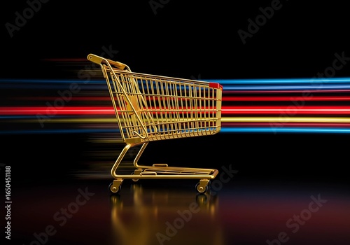 A golden shopping cart speeding through a black background with lights