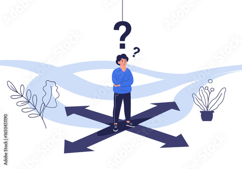 Person stands at crossroads with arrows pointing in different directions uncertain about which path to choose