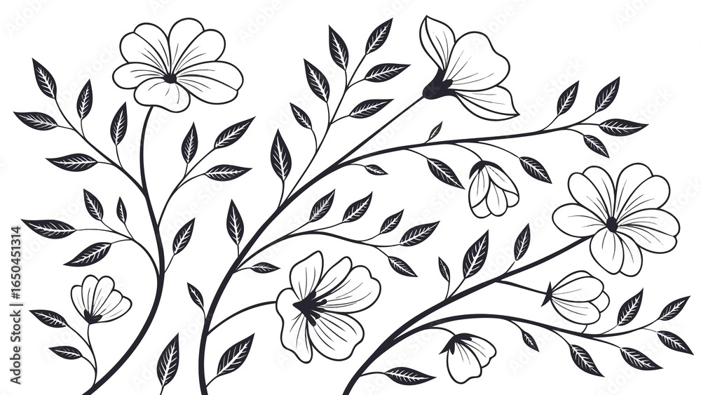 Simple floral line drawing seamless pattern in monochrome vector style. Simple floral line drawing seamless pattern in monochrome vector style.