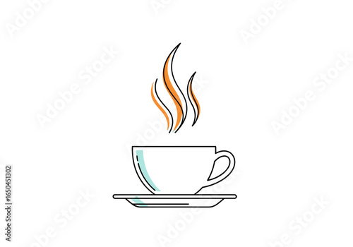 A steaming hot cup of coffee on a saucer with wisps of steam rising above