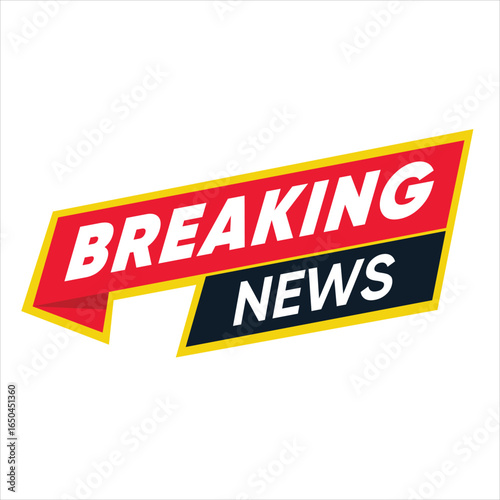 Breaking News vector banner. A modern red, yellow, and blue label for a television broadcast, live report, or important media announcement. Isolated on a white background