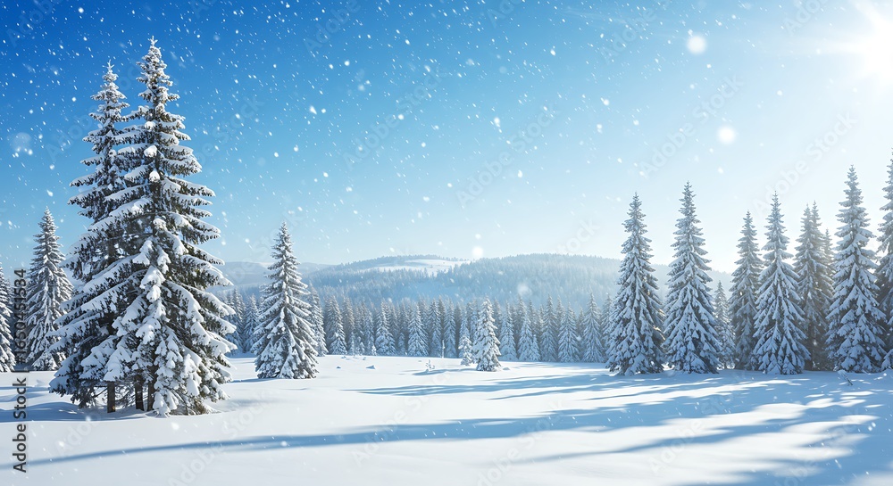 Fototapeta premium Snowy pine trees in a winter forest under a blue sky