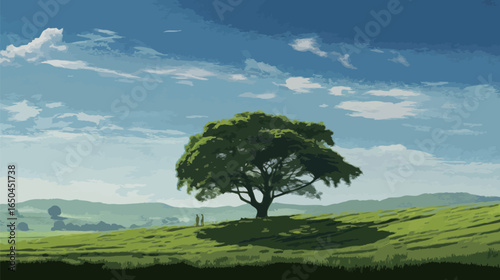 endless green meadow, there is one big trees