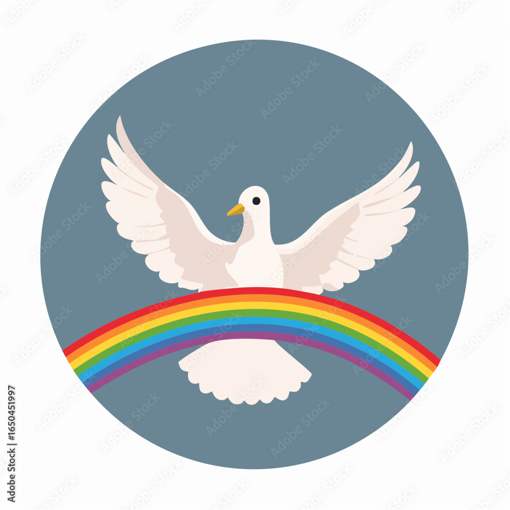 Obraz premium Minimalist flat icon of a dove with rainbow ribbon, representing peace, equality, and hope.