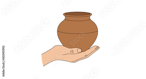 A human hand gently holds a clay pot