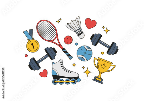 Collection of sports equipment and symbols representing healthy lifestyle choices and fitness achievements