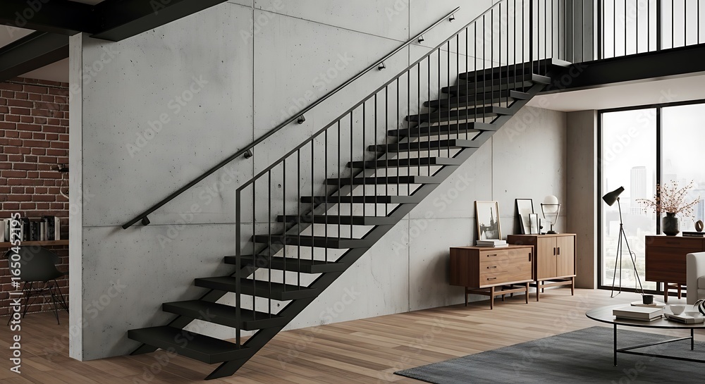 Obraz premium Contemporary interior design featuring a striking staircase and minimalist decor