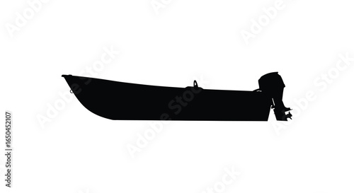 Black silhouette of a small motorboat on a white background