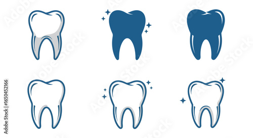 Collection of tooth icons in various shades and styles on white background