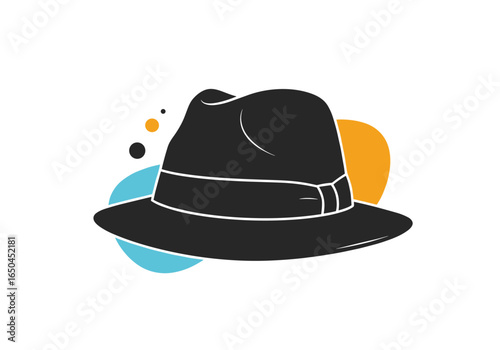 A stylish black fedora hat with colorful abstract shapes