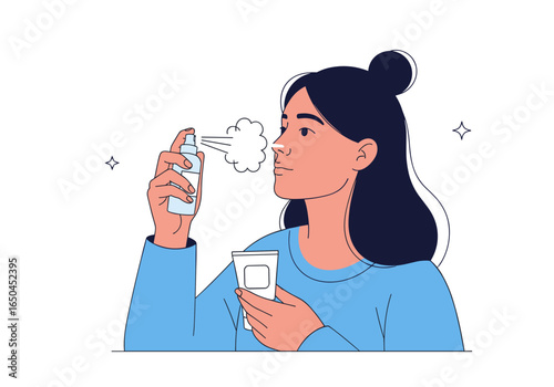 Young woman sprays fragrance mist onto her face for freshness