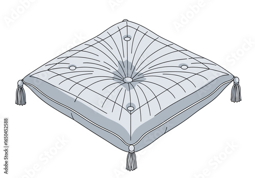 A square tufted pillow with tassels on its corners or a decorative cushions