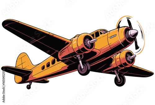 Old Airplane Drawing Illustration, Isolated retro yellow biplane with a propeller flying in the sky, airplane, plane, aircraft, propeller, vintage, biplane, aviation, retro, flight, fly, wing.
