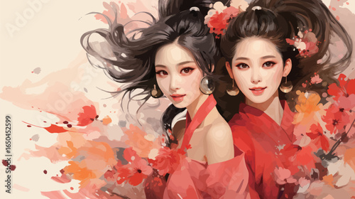 Smiling vogue Asian girls with Chinese traditional clothing, cartoon style