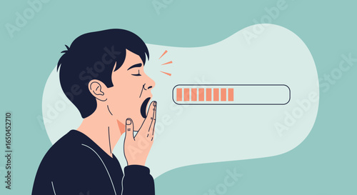 Young man yawning with a loading bar indicating exhaustion and tiredness concept