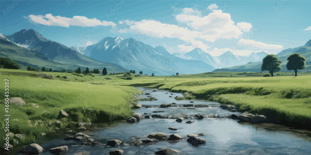 Fototapeta premium large grassy field with a stream and mountain