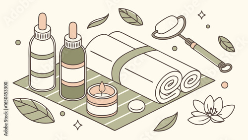 Serene Spa Day: Rolled Towels, Essential Oils, Gua Sha Tool, Candle, and Lotus Flower Illustration
