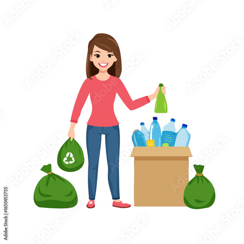Eco-friendly lifestyle illustration showing people recycling waste, using green bins, and promoting environmental sustainability through proper garbage disposal