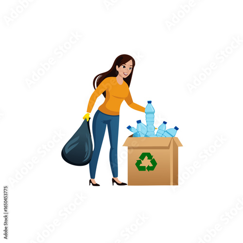 Eco-friendly lifestyle illustration showing people recycling waste, using green bins, and promoting environmental sustainability through proper garbage disposal