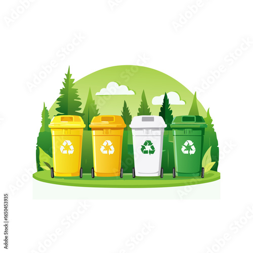 Eco-friendly lifestyle illustration showing people recycling waste, using green bins, and promoting environmental sustainability through proper garbage disposal
