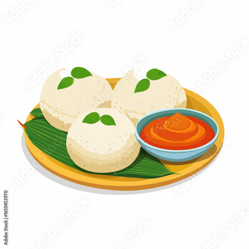 Idly sambar or Idli with Sambhar and green, red chutney. Popular South indian breakfast