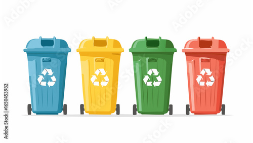 Eco-friendly lifestyle illustration showing people recycling waste, using green bins, and promoting environmental sustainability through proper garbage disposal