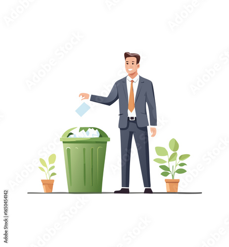 Eco-friendly lifestyle illustration showing people recycling waste, using green bins, and promoting environmental sustainability through proper garbage disposal