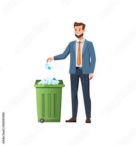 Eco-friendly lifestyle illustration showing people recycling waste, using green bins, and promoting environmental sustainability through proper garbage disposal