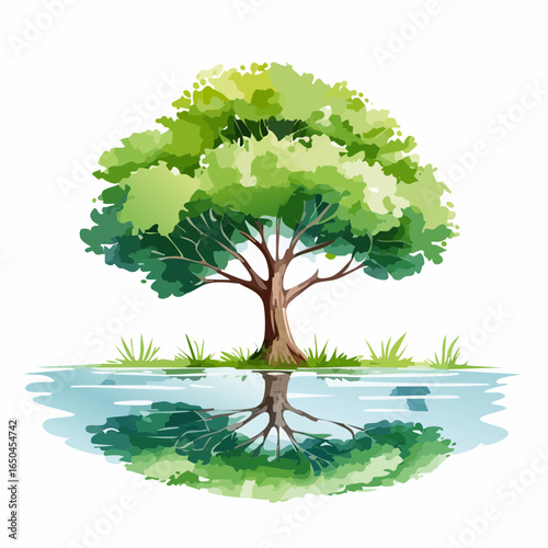 watercolor drawing of tree reflecting in water isolated on white