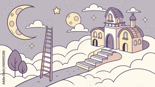 Whimsical Cloudtop House, Ladder, Stars, Moon: Pastel Nighttime Fantasy Illustration