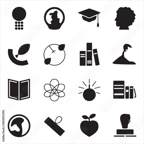 Education Web Icons Set, solid academic glyph symbols with student head, teacher, book, computer, microscope, pen and study subject icons