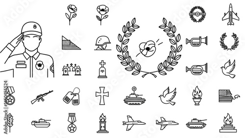 Veterans Day Remembrance Day Military Tribute Icon Set Linear Vector Illustration
