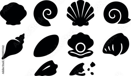 Seashell Silhouette Icon Set – 10 Black Vector Illustrations of Spiral, Fan, Conch, and Broken Shells