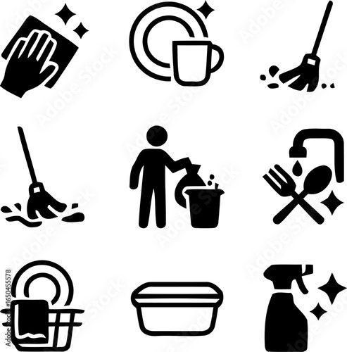 Cleaning Icon Set – 9 Black and White Vector Symbols of Tools, Dishes, and Sparkling Hygiene Actions