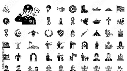 Veterans Day Remembrance Day Military Tribute Icon Set Linear Vector Illustration
