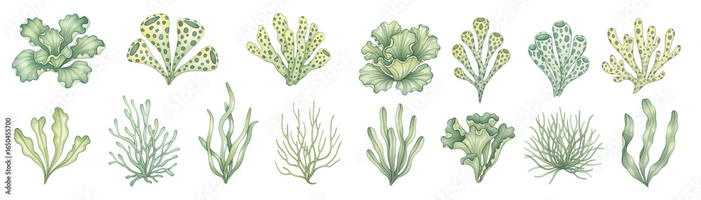 Obraz premium A vibrant collection of hand-drawn seaweed illustrations in various shapes and colors.