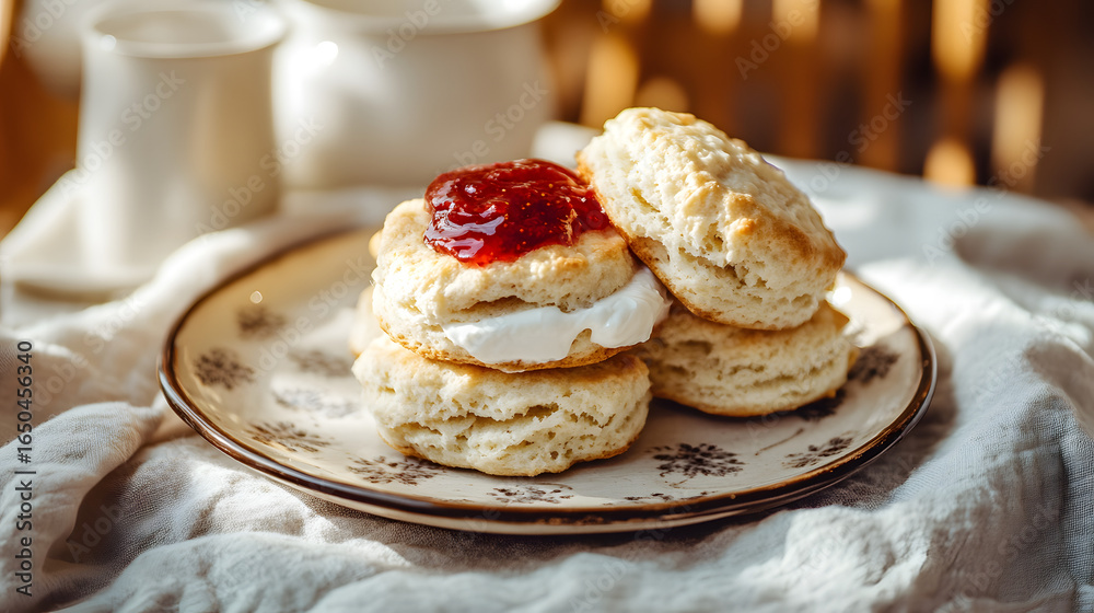 Stack of Biscuits with Jam and Cream on a Decorative Plate Stack of Biscuits with Jam and Cream on a Decorative Plate