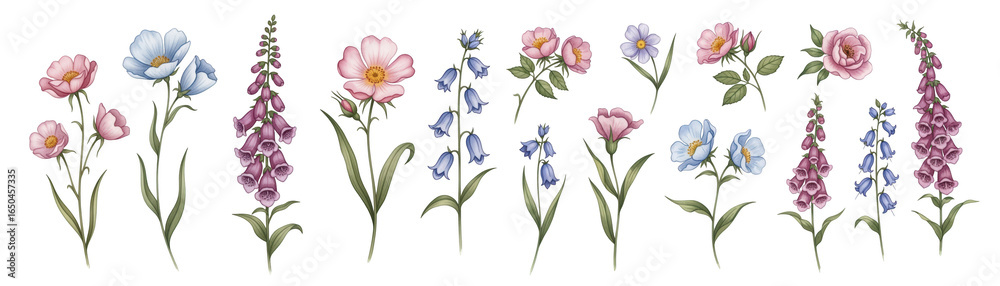 Fototapeta premium Colorful floral arrangement featuring various flowers in soft pastel shades.