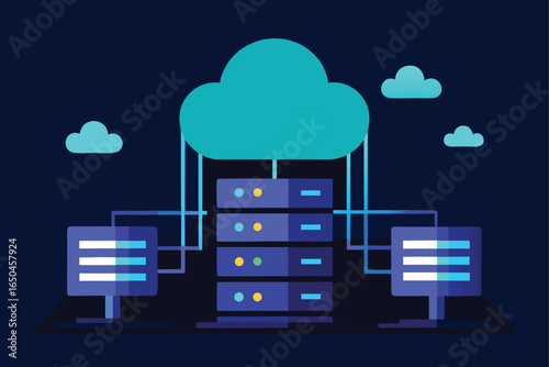 Dark Server Room with Blue Light Beams and Cloud Connections