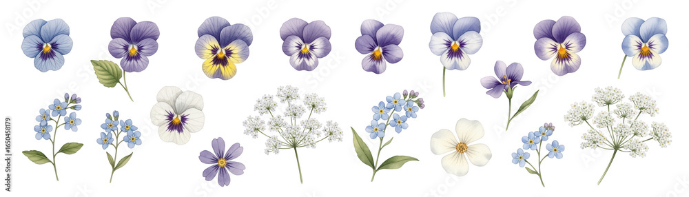 Naklejka premium A vibrant collection of purple and blue flowers, featuring pansies and forget-me-nots in various stages.