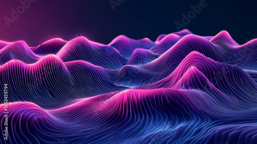 Abstract landscape of glowing, undulating lines in vibrant pinks and blues