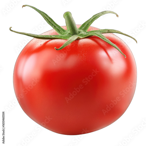 Single, ripe tomato, vibrant red, glossy skin, green stem (1)