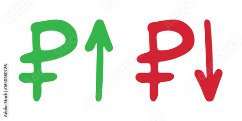 Hand drawn russian ruble currency symbol Growth and fall profit with arrow up and down Brush stroke doodle Element for design
