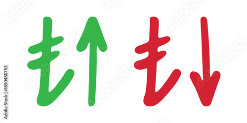 Hand drawn turkish lira currency symbol Growth and fall profit with arrow up and down Brush stroke doodle Element for design